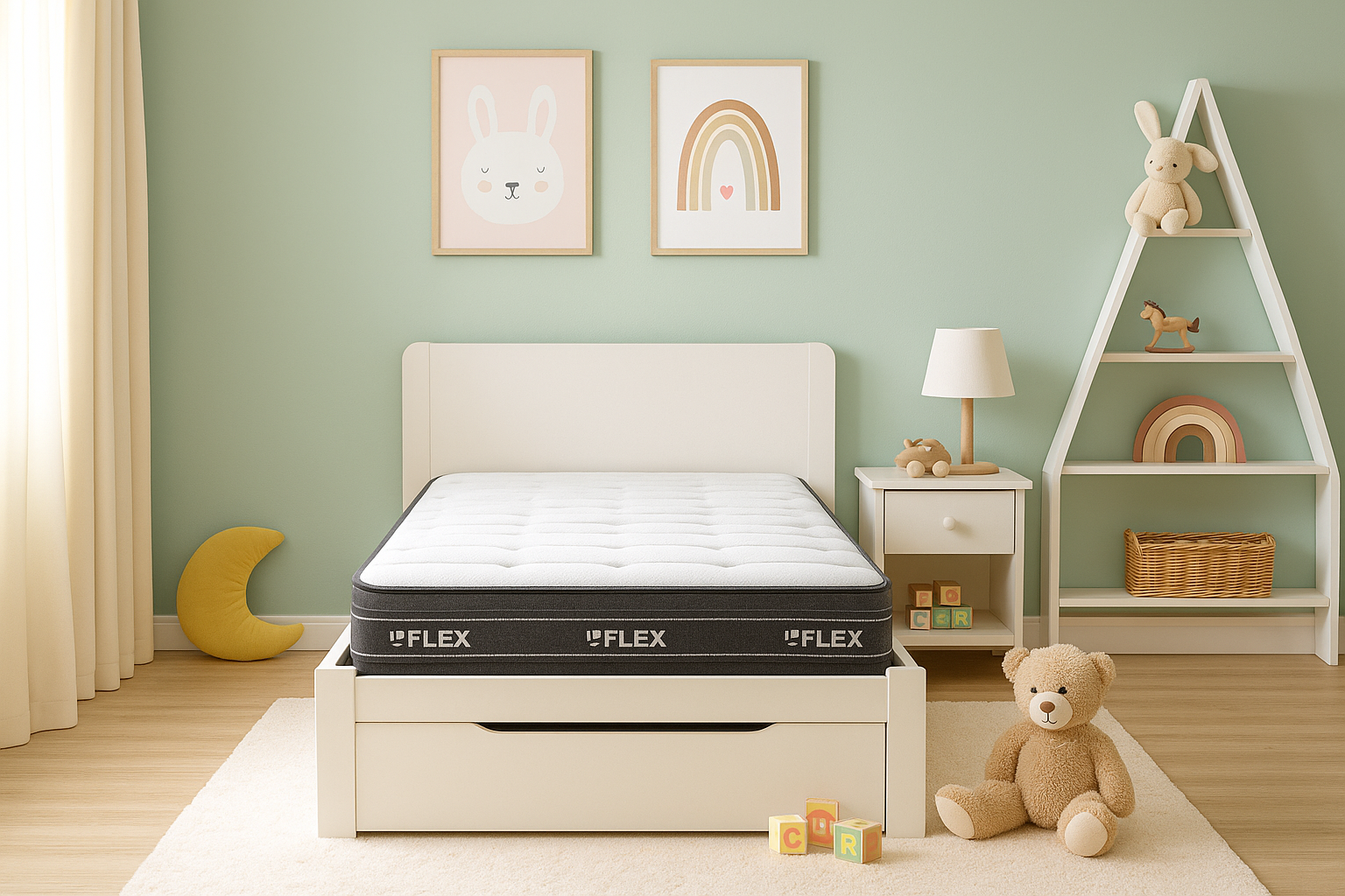 Colchón Flex Nube Visco Junior A sobre cama blanca en habitación infantil con pared verde menta y repisa triangular