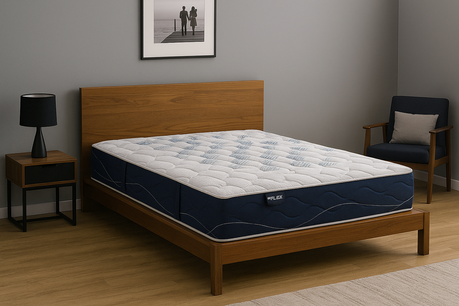 Colchón Flex Halia sobre cama de madera en habitación gris con cuadro blanco y negro