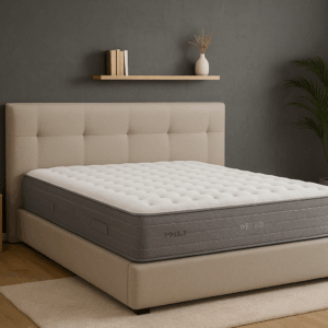 Colchón Flex WBx 500 sobre cama tapizada beige en habitación moderna con pared gris y madera