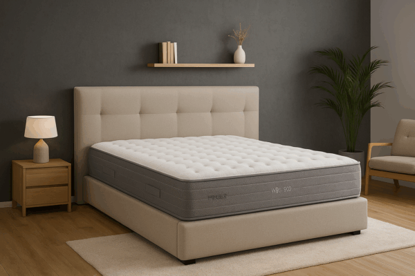 Colchón Flex WBx 500 sobre cama tapizada beige en habitación moderna con pared gris y madera