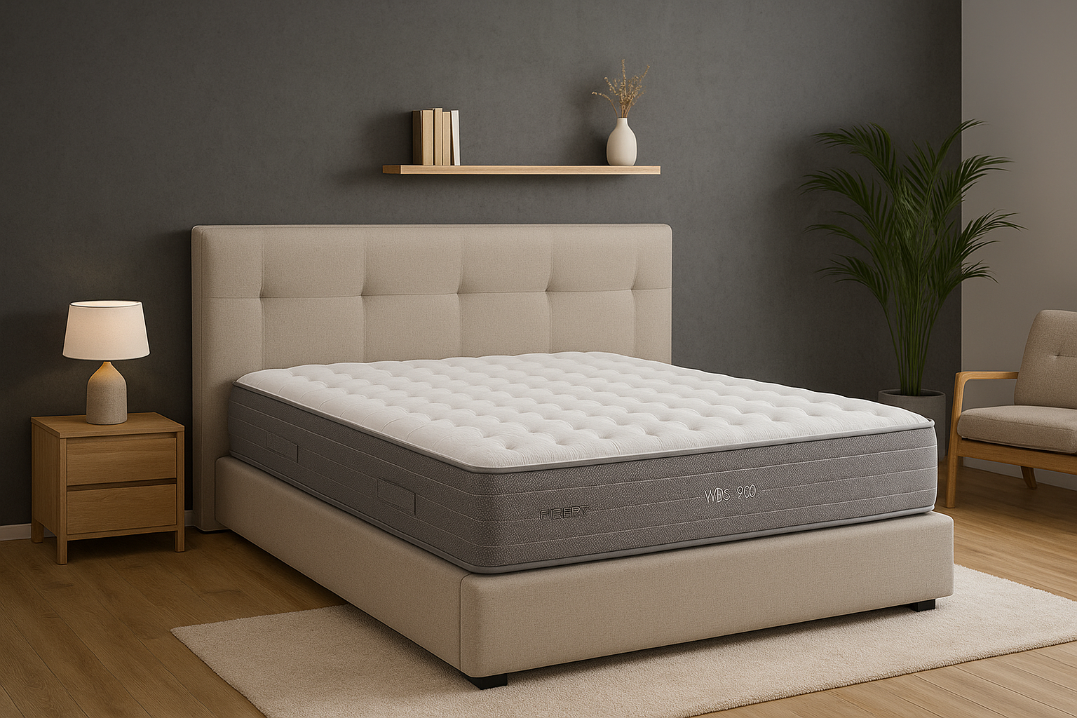 Colchón Flex WBx 500 sobre cama tapizada beige en habitación moderna con pared gris y madera