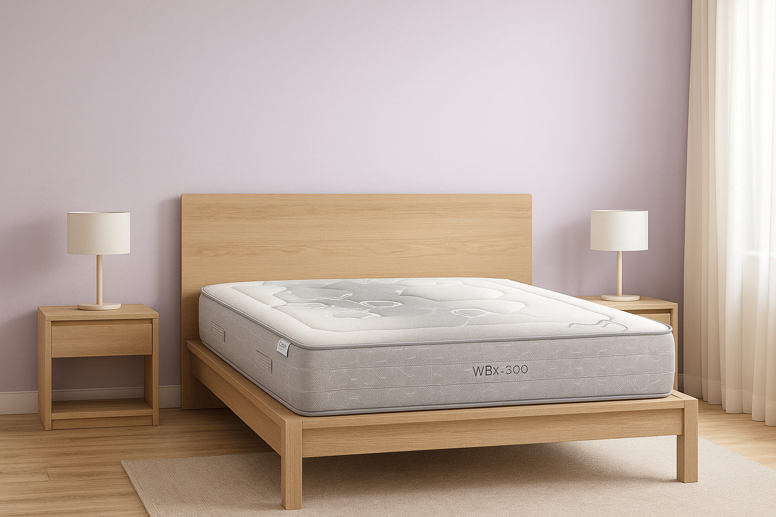 Colchón Flex WBx 300 sobre cama de madera con cabecero plano en habitación color lila