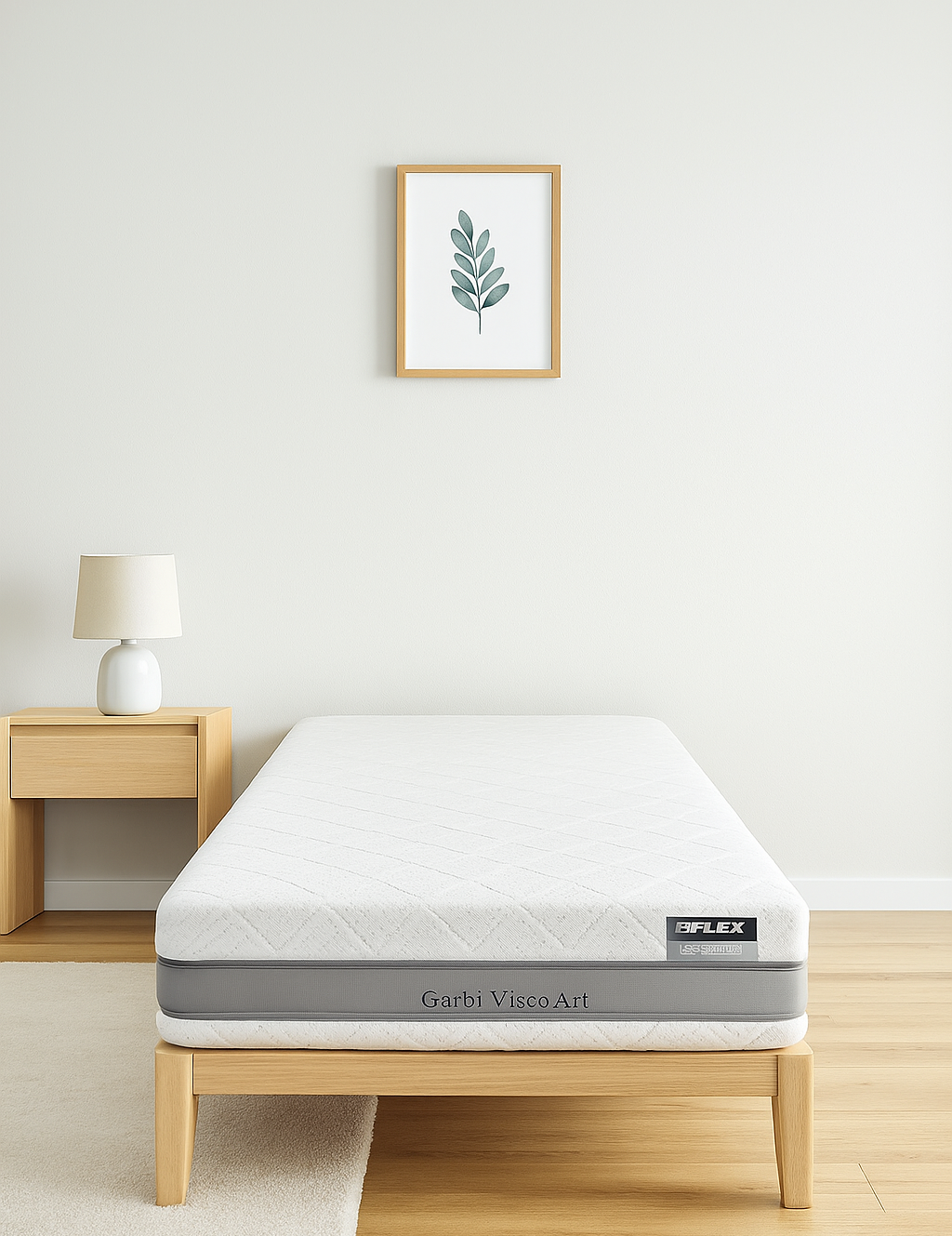Colchón Flex Garbi Visco Art sobre cama de madera en habitación minimalista blanca
