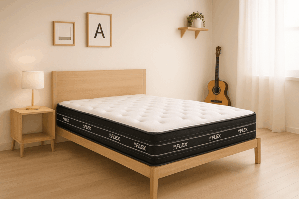 Colchón Flex Nube Airvex sobre cama de madera clara en un cuarto juvenil minimalista, con luz natural, mesita y guitarra de fondo