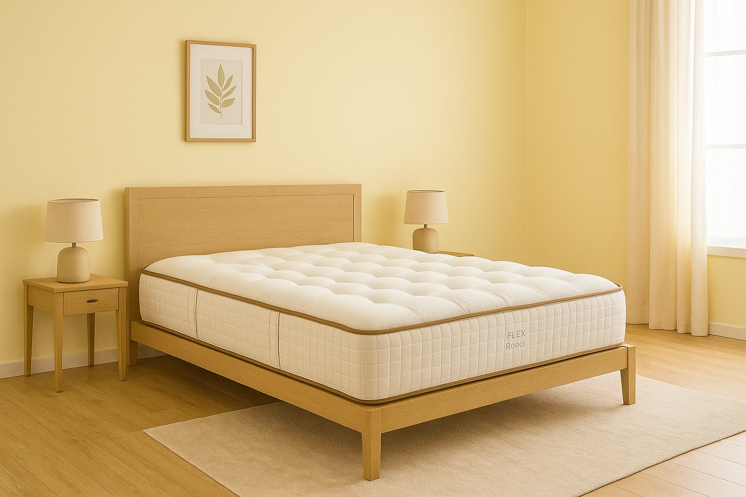Colchón Flex Royal sobre cama de madera clara en dormitorio con pared amarillo bebé, lámparas beige y decoración minimalista