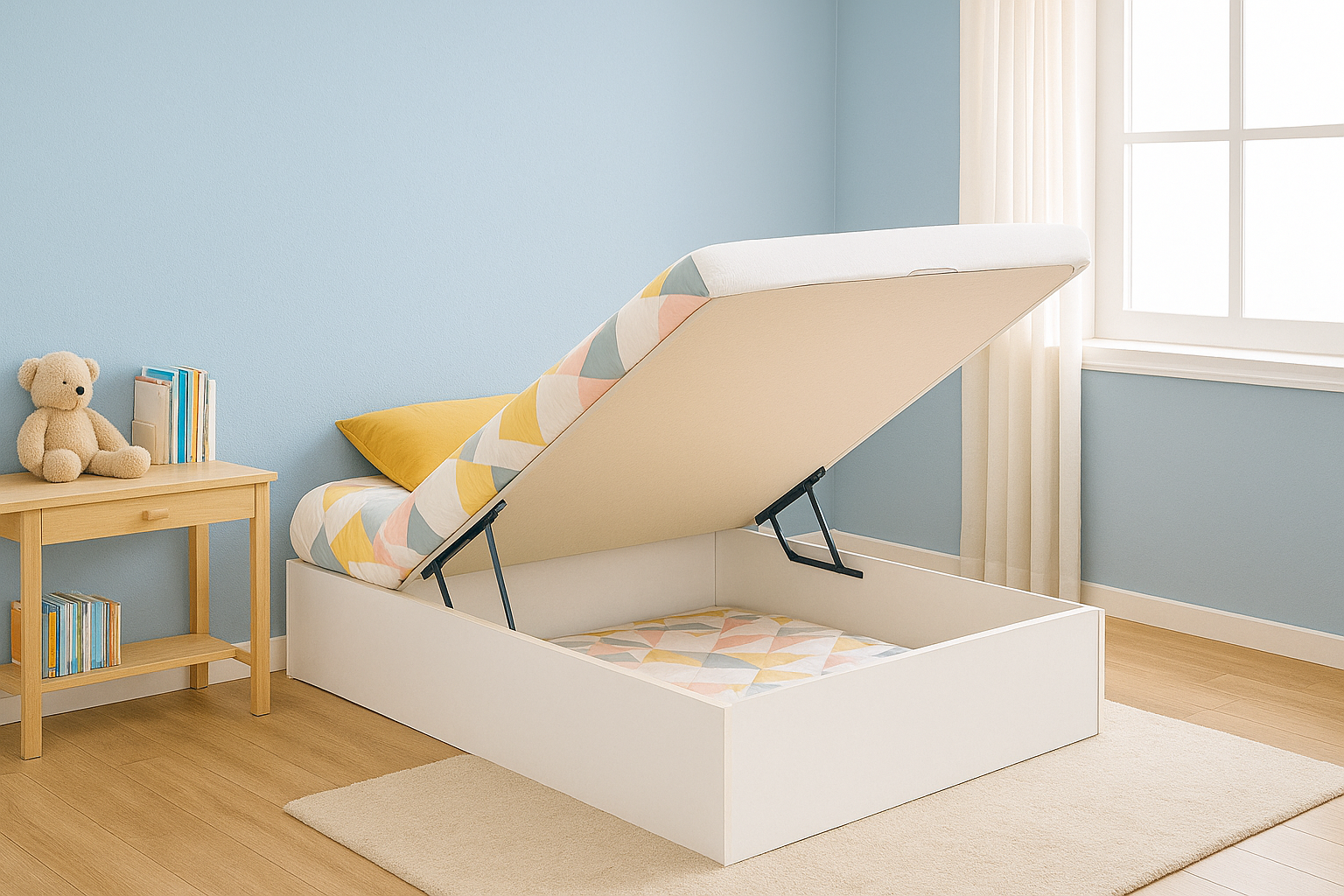 Base abatible lateral blanca abierta en dormitorio juvenil con pared azul pastel, escritorio de madera clara y luz natural