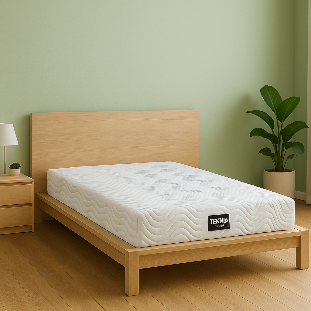 Colchón Teknia Visco sobre cama de madera clara con cabecera lisa, pared verde pastel, mesilla con lámpara y planta decorativa