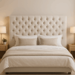 Dormitorio con cama y cabecero Vitoria Flex Deco tapizado en tono beige, con decoración minimalista