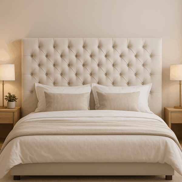 Dormitorio con cama y cabecero Vitoria Flex Deco tapizado en tono beige, con decoración minimalista