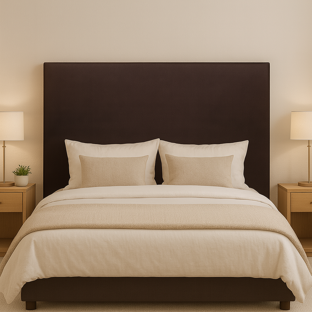 Dormitorio con cama y cabecero Flex Lisa marrón con diseño liso y decoración en tonos neutros