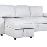 Sofá de 3 plazas en gris claro con chaiselongue, función cama y respaldo convertible en portavasos, disponible en Artisa.