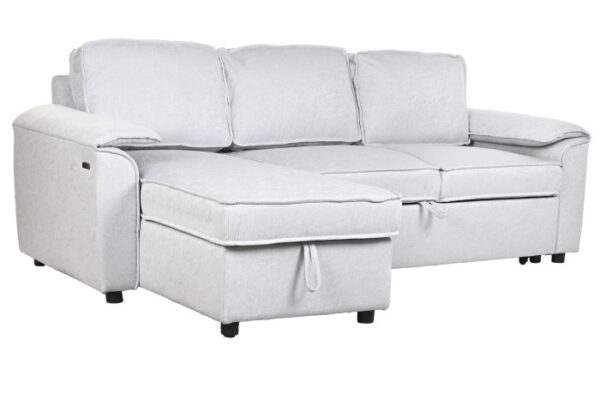 Sofá de 3 plazas en gris claro con chaiselongue, función cama y respaldo convertible en portavasos, disponible en Artisa.
