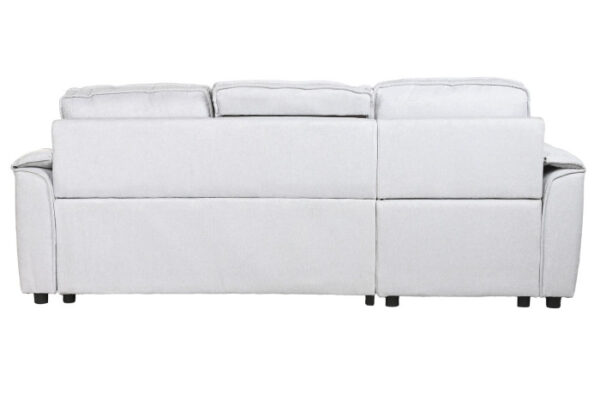 Sofá de 3 plazas en gris claro con chaiselongue, función cama y respaldo convertible en portavasos, disponible en Artisa.
