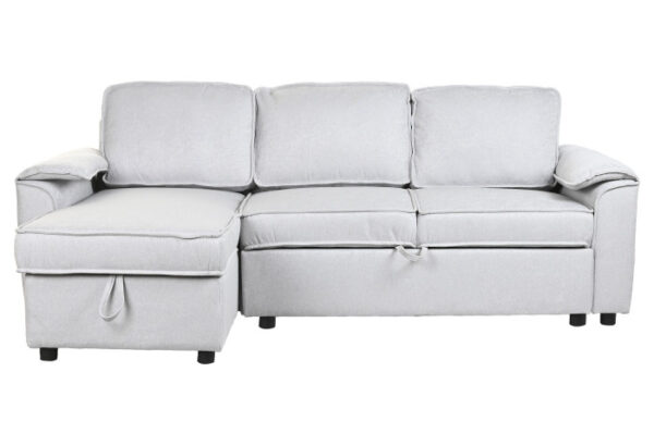 Sofá de 3 plazas en gris claro con chaiselongue, función cama y respaldo convertible en portavasos, disponible en Artisa.
