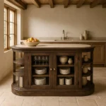 Isla de cocina de madera oscura con encimera de piedra natural, estantes laterales y vitrina central, estilo rústico disponible en Artisa.