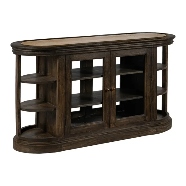 Isla de cocina de madera oscura con encimera de piedra natural, estantes laterales y vitrina central, estilo rústico disponible en Artisa.