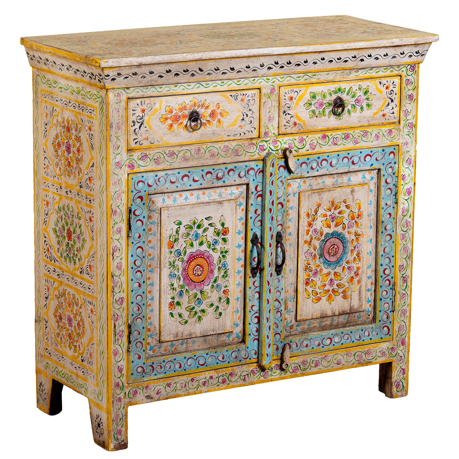 mueble recibidor de estilo artesanal, una pieza única que enamora por sus colores, detalles florales pintados a mano