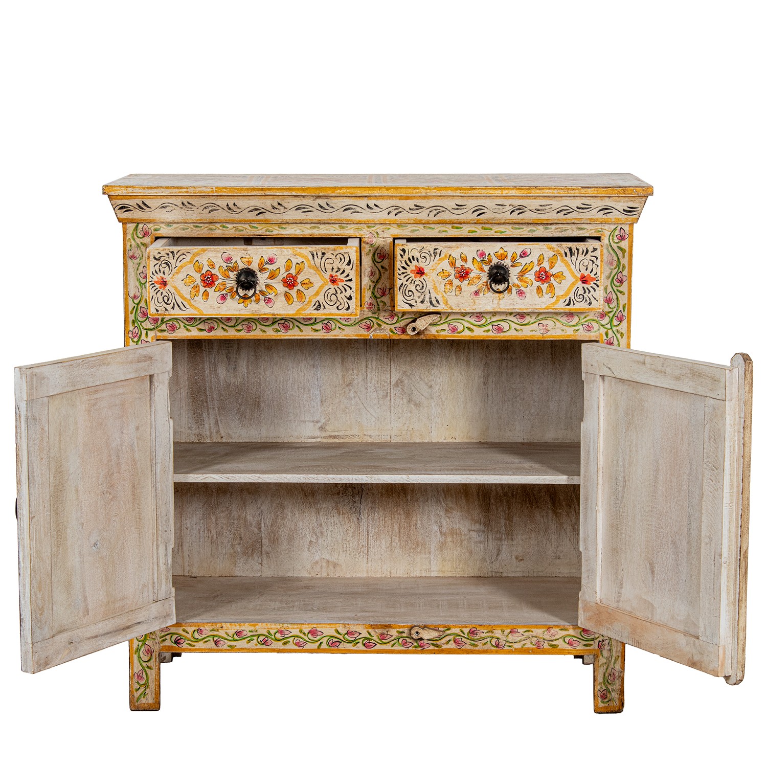 mueble recibidor de estilo artesanal, una pieza única que enamora por sus colores, detalles florales pintados a mano