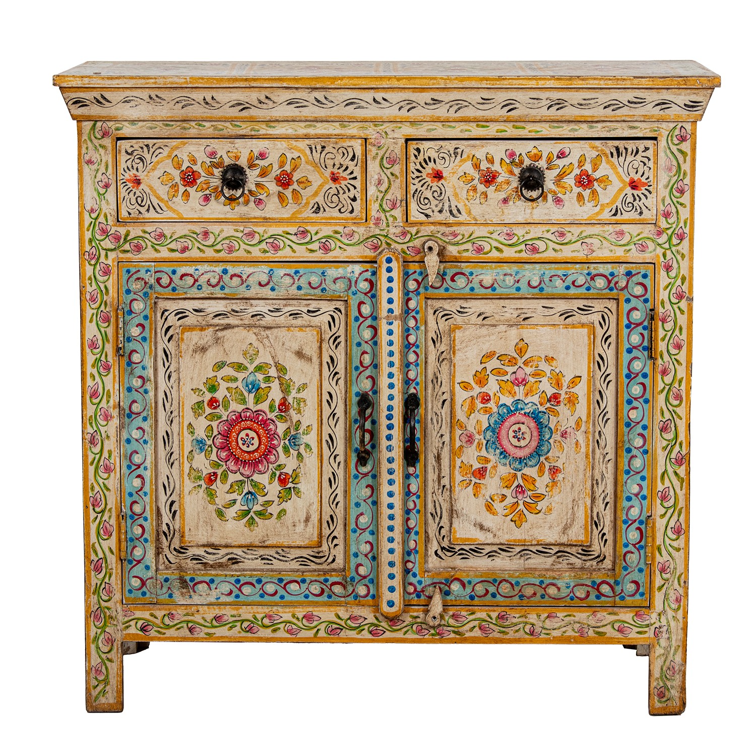 mueble recibidor de estilo artesanal, una pieza única que enamora por sus colores, detalles florales pintados a mano
