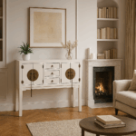 Consola blanca con cajones y puertas de herraje dorado situada en un salón clásico, junto a una chimenea encendida, estanterías empotradas y sofá beige.