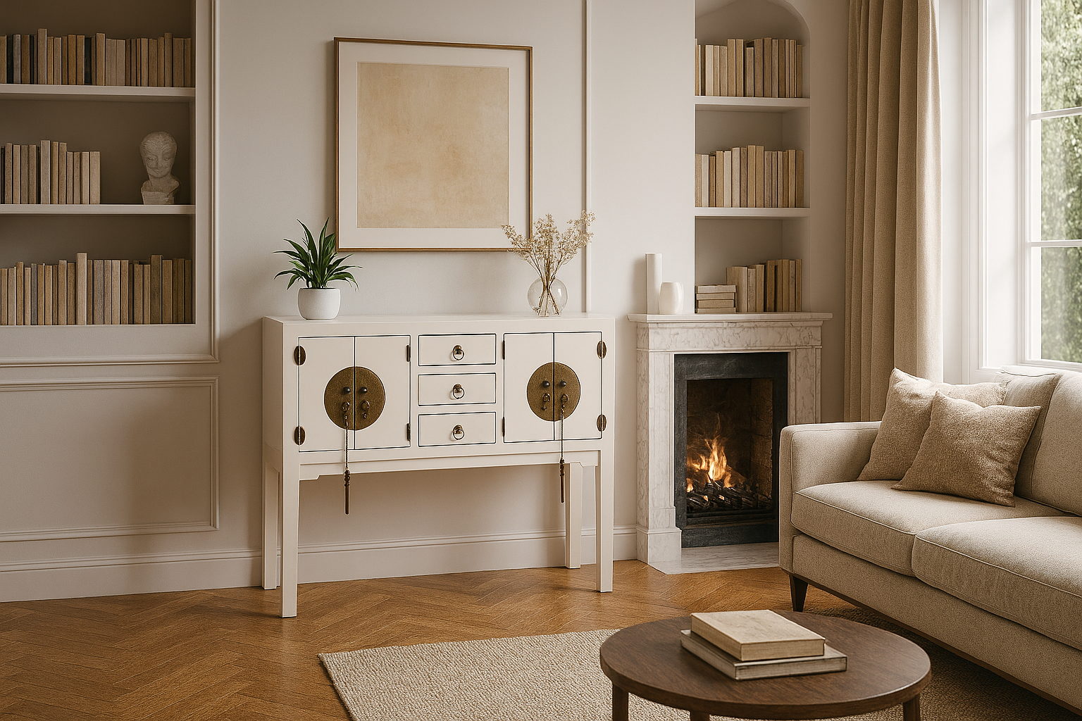 Consola blanca con cajones y puertas de herraje dorado situada en un salón clásico, junto a una chimenea encendida, estanterías empotradas y sofá beige.