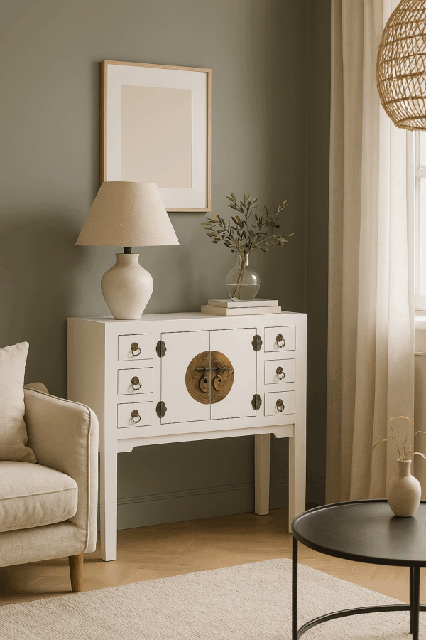 Consola blanca con puertas y cajones dorados colocada en sala moderna, con pared verde suave, sofá beige y lámpara de mimbre.