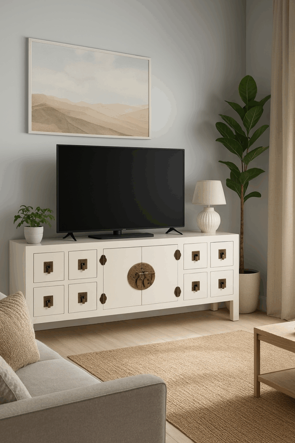 Aparador bajo oriental blanco con herrajes dorados y ocho cajones, colocado bajo un televisor en un salón luminoso con parquet, alfombra de yute y sofá beige.
