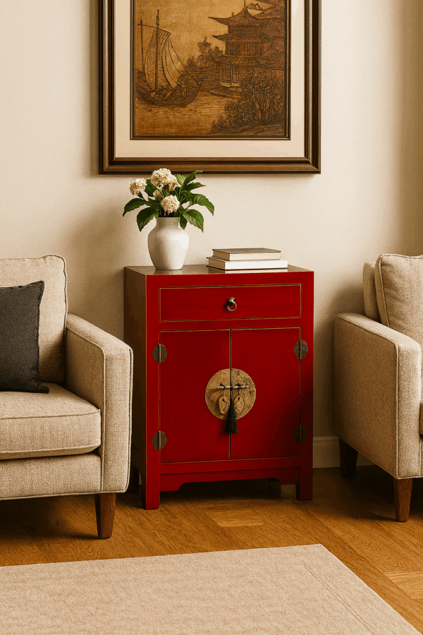Mesita roja con herrajes dorados en un salón de inspiración asiática, entre sofá y sillón beige