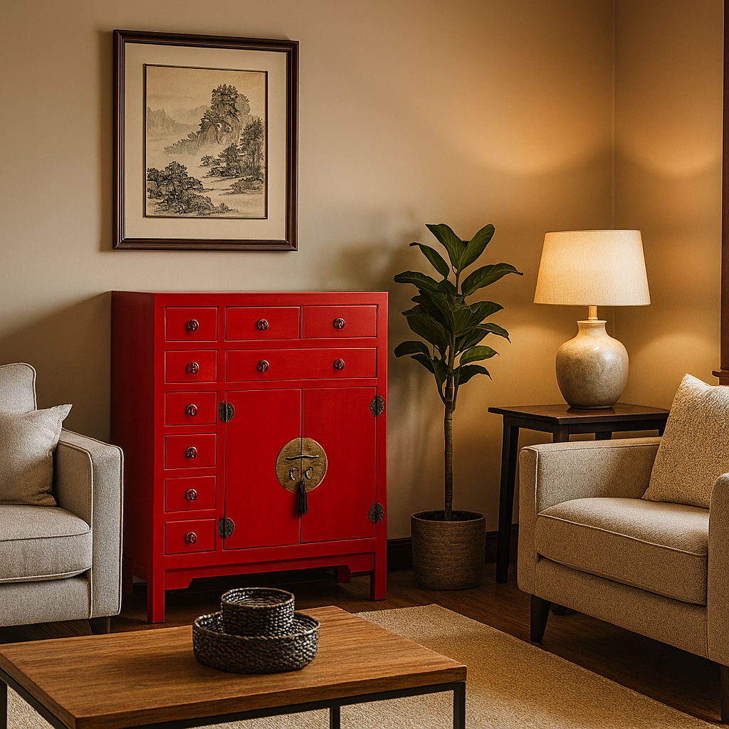 Consola roja de estilo oriental con ocho cajones en un salón moderno y acogedor