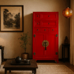 Armario rojo oriental con herrajes dorados en un salón moderno de estilo zen