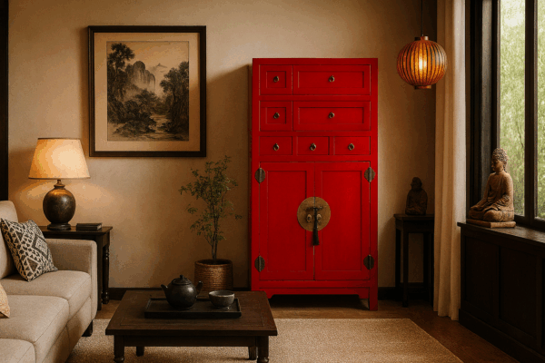 Armario rojo oriental con herrajes dorados en un salón moderno de estilo zen