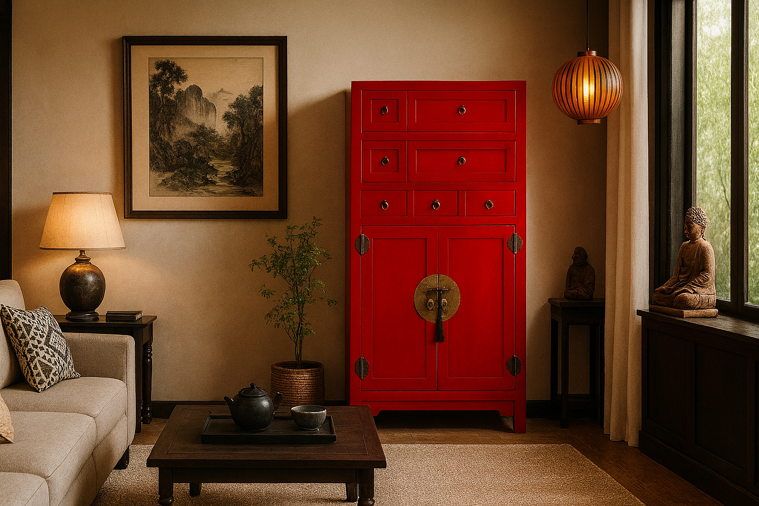 Armario rojo oriental con herrajes dorados en un salón moderno de estilo zen