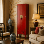 Armario alto lacado rojo colección Oriente junto a sofá beige y decoración asiática