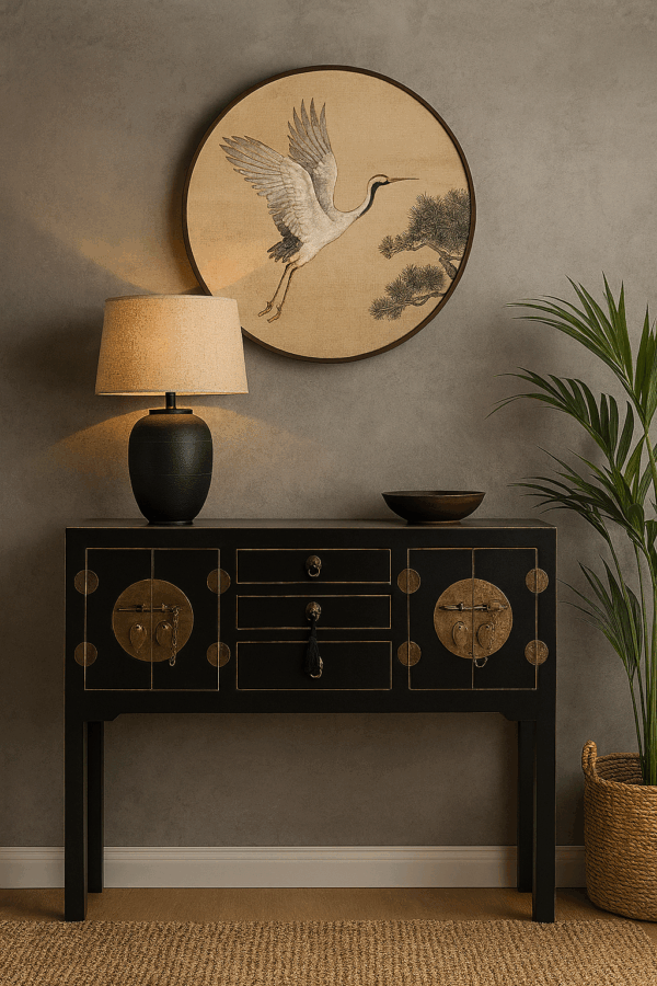 Consola negra oriental con herrajes de latón en un elegante salón, junto a lámpara y cuadro de grulla.