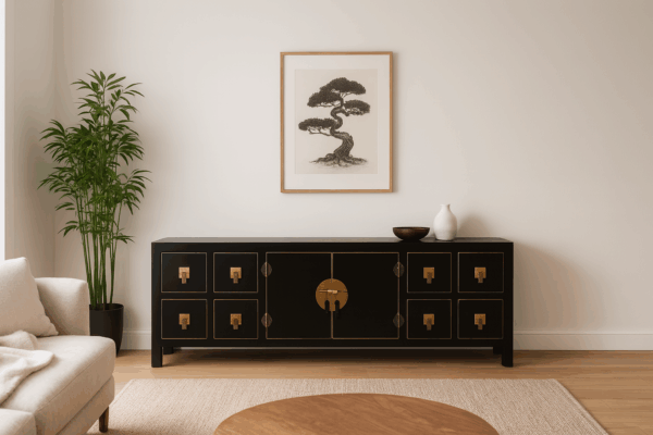 Aparador oriental negro y oro sobre pared blanca en un salón minimalista con planta de bambú y arte enmarcado