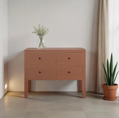 cómoda Moka de DM con patas de madera de abeto y cuatro cajones, color marrón moka