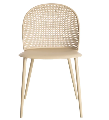 Silla color caqui de polipropileno con respaldo calado y patas metálicas beige sobre fondo blanco