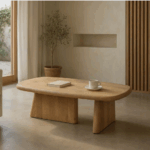 Mesa de centro rectangular fabricada en madera de mango natural sobre suelo beige junto a ventana y planta decorativa
