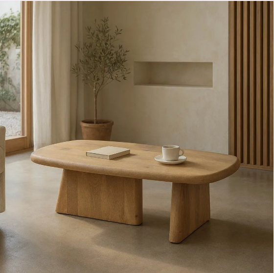 Mesa de centro rectangular fabricada en madera de mango natural sobre suelo beige junto a ventana y planta decorativa