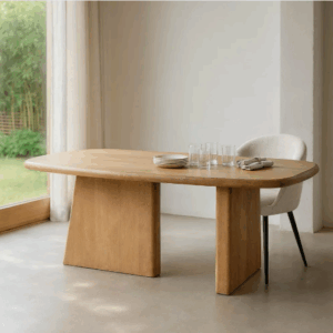 Mesa de comedor de madera de mango natural con diseño rectangular y patas macizas, ambientada en comedor moderno con luz natural.