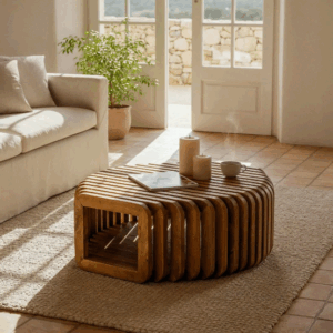 Mesa de centro artesanal de madera de mango en salón con sofá beige