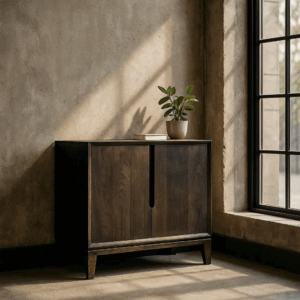 Mueble recibidor marrón de madera de mango con diseño moderno en salón iluminado