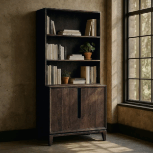 Mueble auxiliar marrón de madera de mango con estantes y puertas, ideal para salón o despacho