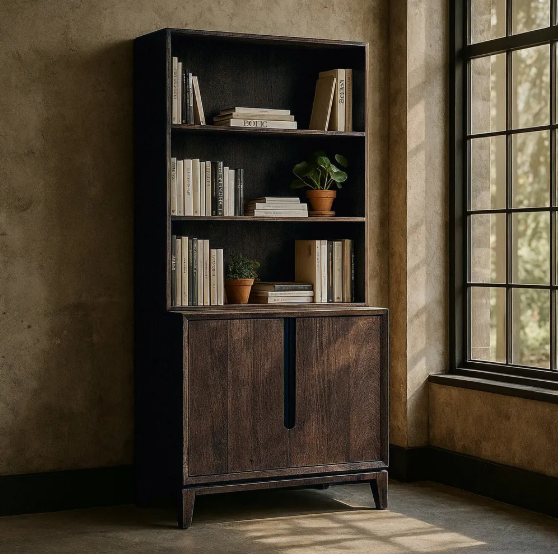 Mueble auxiliar marrón de madera de mango con estantes y puertas, ideal para salón o despacho
