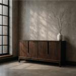 Aparador marrón de madera de mango con diseño moderno, ubicado junto a una ventana en un salón minimalista.