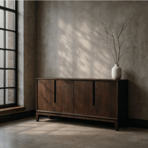 Aparador marrón de madera de mango con diseño moderno, ubicado junto a una ventana en un salón minimalista.