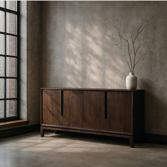 Aparador marrón de madera de mango con diseño moderno, ubicado junto a una ventana en un salón minimalista.
