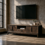 Mueble de TV de madera de mango color marrón con televisor y decoración minimalista en salón.