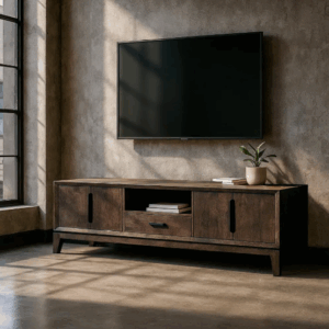 Mueble de TV de madera de mango color marrón con televisor y decoración minimalista en salón.