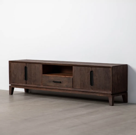 Mueble de TV marrón de madera de mango con dos puertas y un cajón central, estilo moderno.